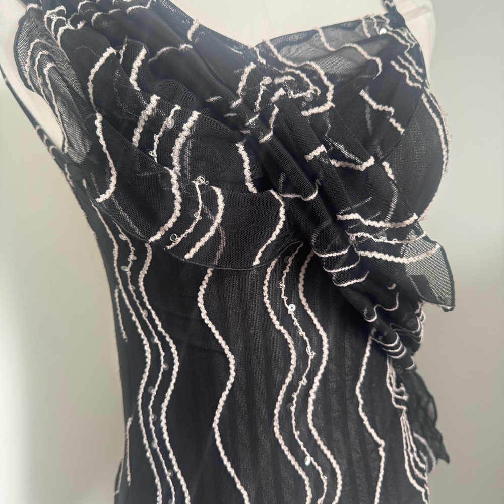 Y2K Ruched Mesh Top — Asymmetrical Drape & Sheer Waves sequins sparkly XS/S goth - Picture 5 of 8